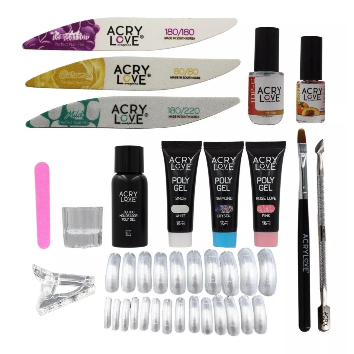 Kit Poly Gel Uñas 15 Pzs. Esmalte, Lima, Pincel. Acry Love