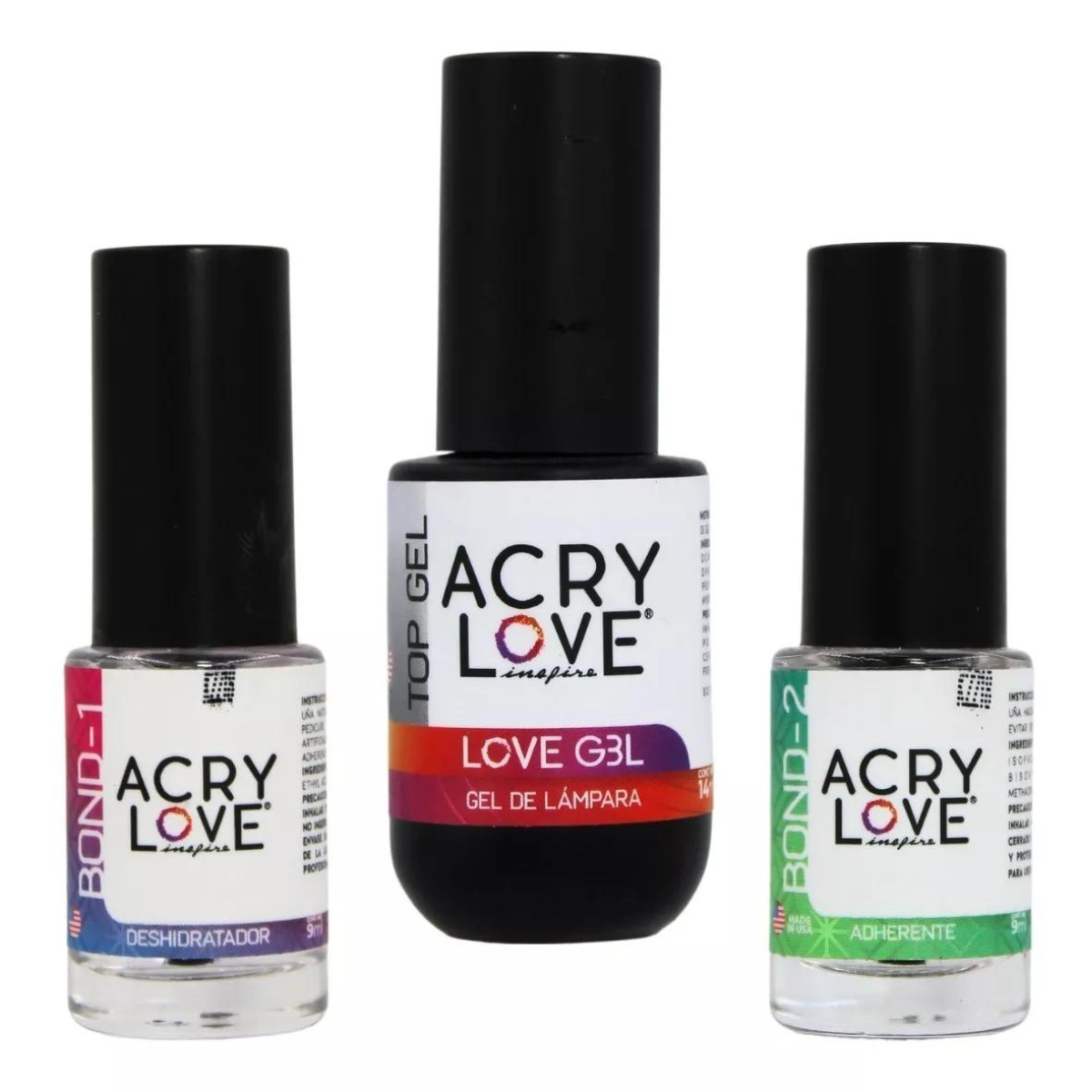 Pack. Top Coat Gel Para Uñas + Bond 1 Y Bond 2. Acry Love