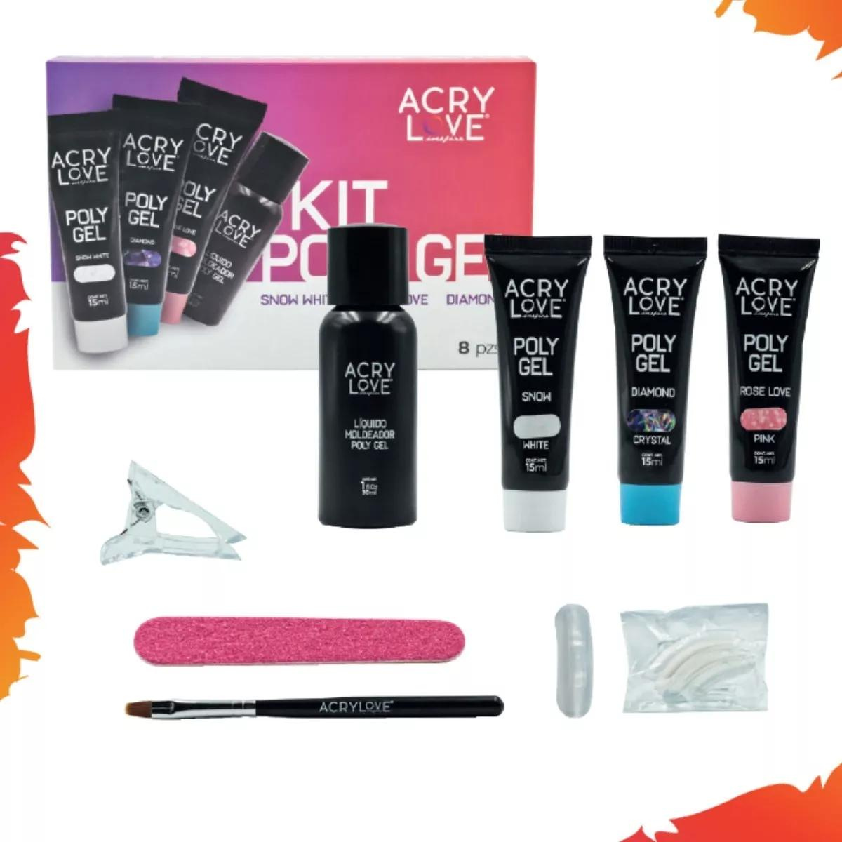 Kit Poly Gel Uñas. 8 Pzs. Acry Love