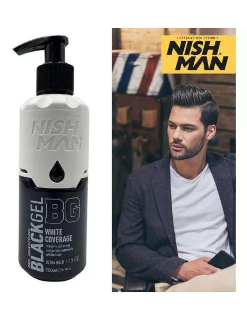 Gel Negro Cubre Canas BG, Extra Fuerte 200ml. Nishman.