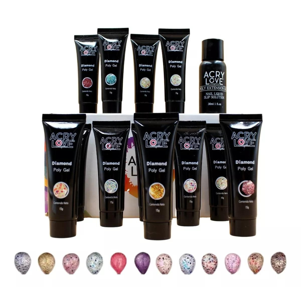 Glimer Kit Poly Gel Para Uñas.12 Tonos Diferentes. Acry Love