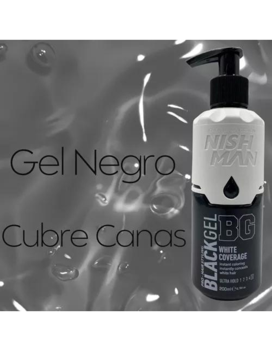 Gel Negro Cubre Canas BG, Extra Fuerte 200ml. Nishman.