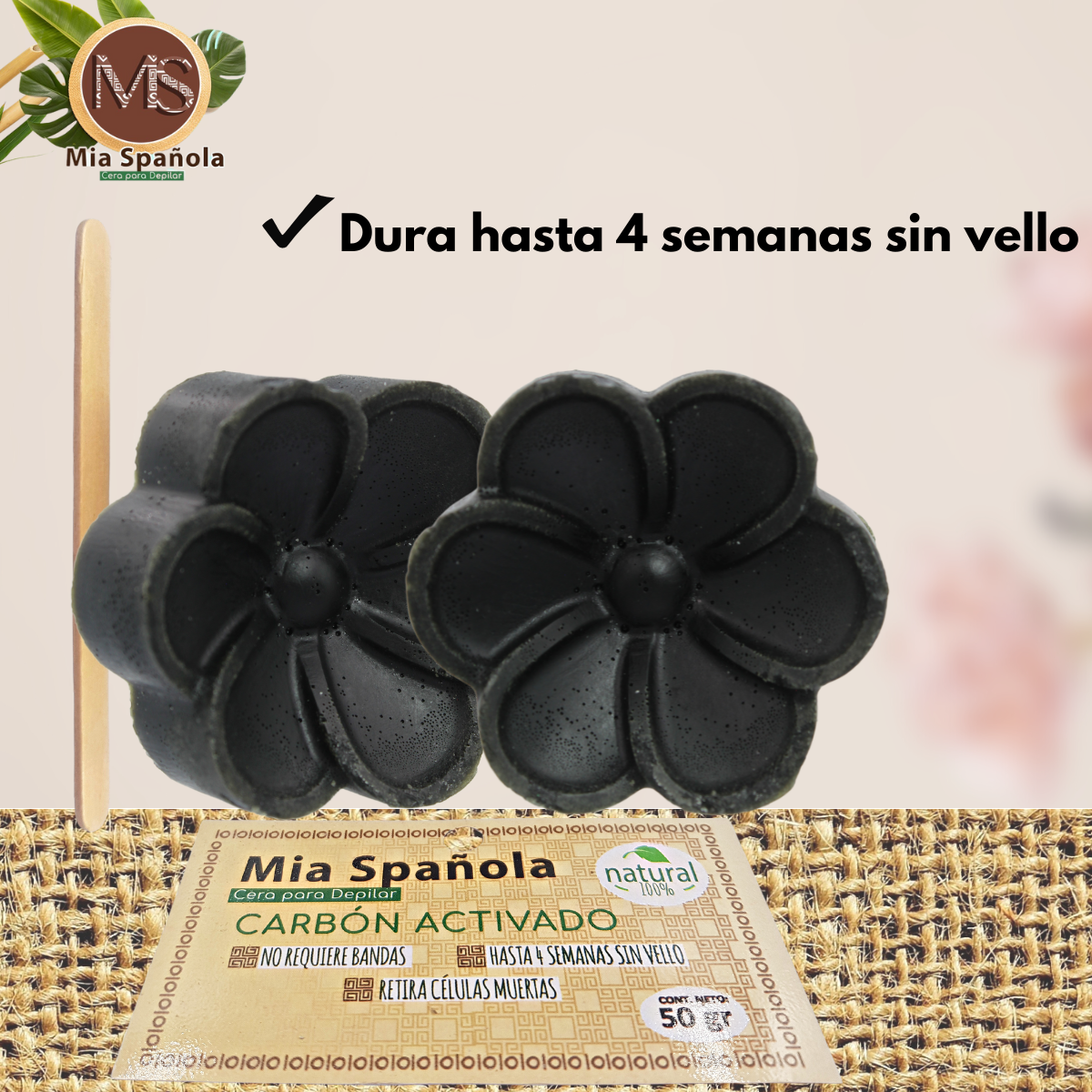 Cera Para Depilar Natural, Carbón Activado 50g. Mia Spañola