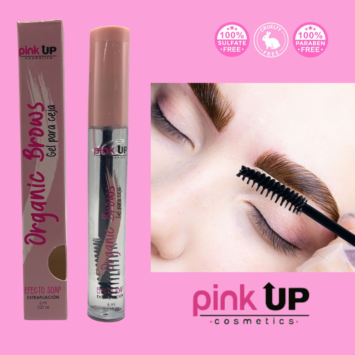 Organic  Brows Gel 0I, Gel Para Cejas Transparente. Pink Up